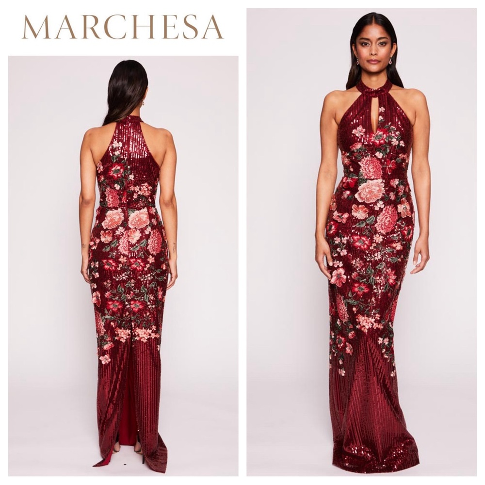 Marchesa Notte Halter Floral Shimmer Gown